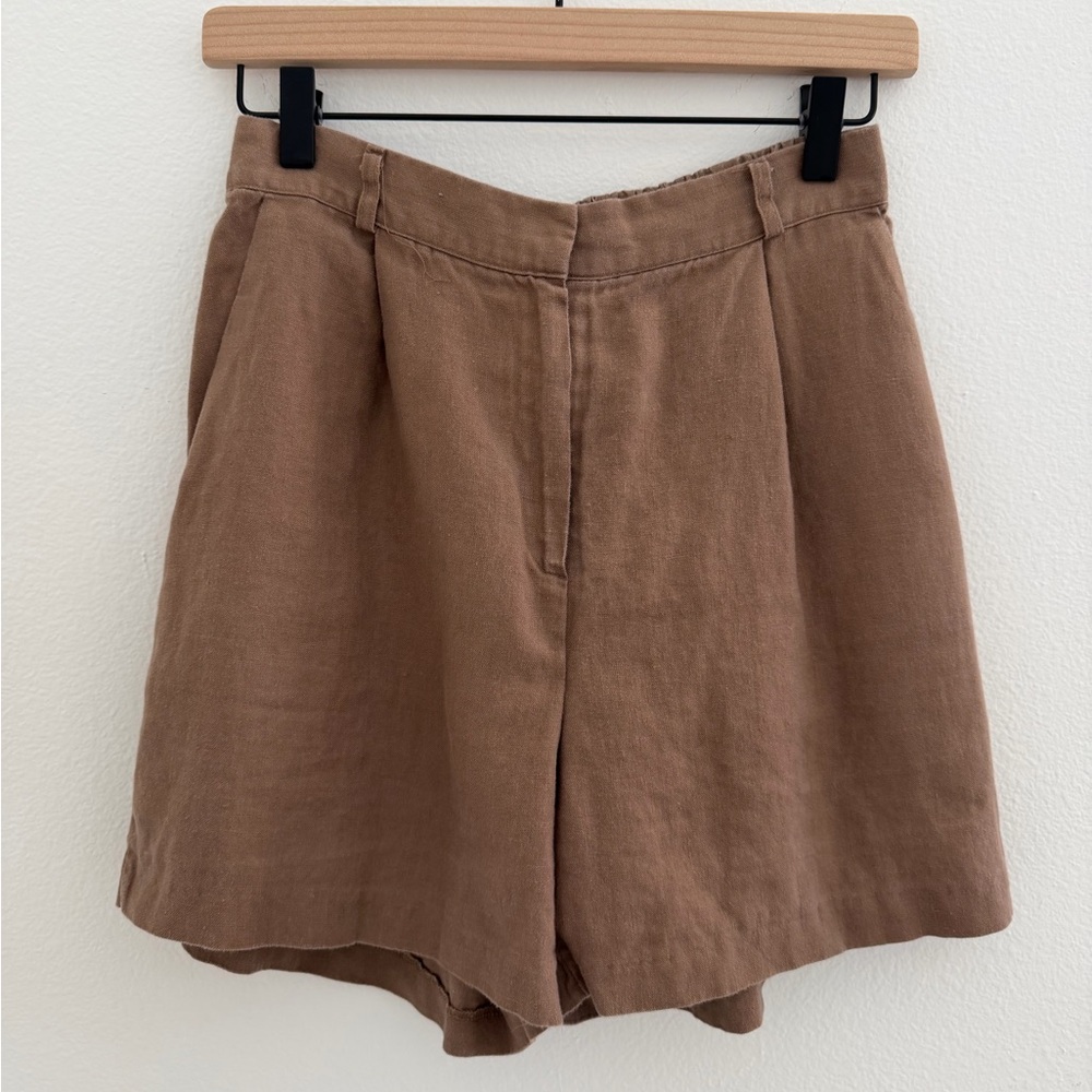 Monet Women’s Linen Blend Pleated Shorts Brown Elastic Back Waist - Size S/M